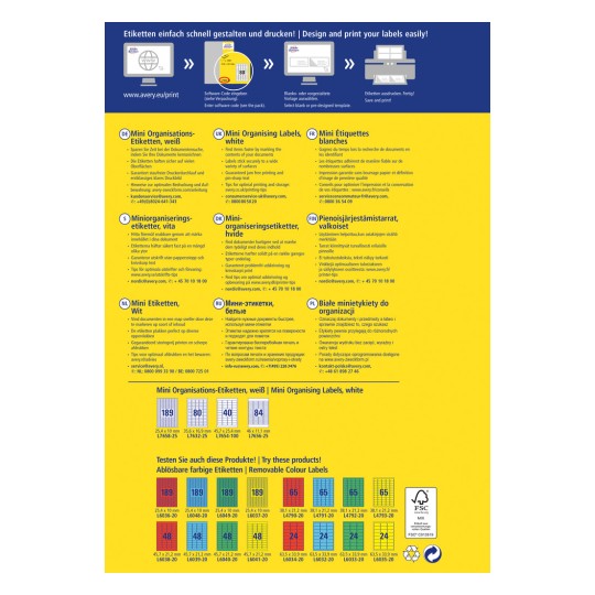 Avery mini rendezési címkéihez készült információs grafika, amely több nyelven tartalmazza az utasításokat a címkék gyors tervezéséhez és nyomtatásához. Tartalmaz különböző méretű és opciókkal rendelkező címkéket, valamint az ügyfélszolgálat elérhetőségi adatait.