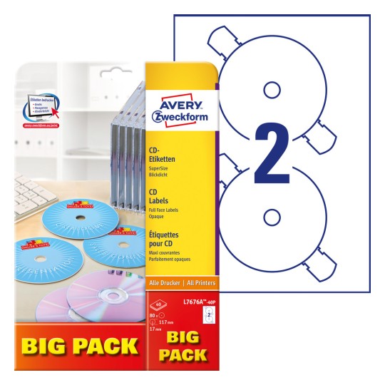 Csomagolási kép címkékkel: Avery Zweckform CD-címkék SuperSize, Cikk: L7676A-40P, Formátum: ⌀ 117 mm, Nyomtatási alkalmasság: Tintás,A lézer (fekete-fehér és színes), Tartalom: 80 címke / 40 ív, 2 címke/ív