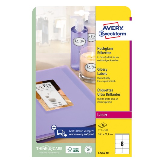 Csomagolási kép: Avery Zweckform fényes címkék, Cikk: L7765-40, Méret: 99,1 x 67,7 mm, Nyomtatási alkalmasság: lézer fekete/fehér, színes lézer, Tartalom: 320 címke / 40 lap, 8 címke/lap.