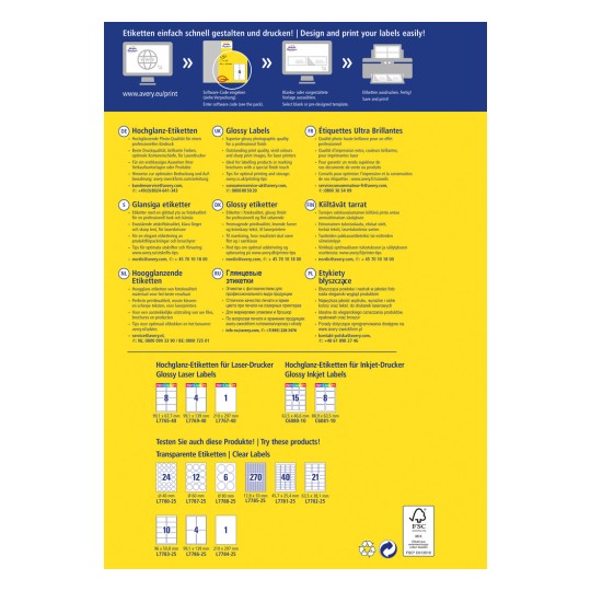 A kép Avery fényes címkéiről szóló tájékoztató szórólap, amely különböző címkeméreteket, utasításokat és több nyelven elérhető elérhetőségi adatokat tartalmaz a nyomtatáshoz.