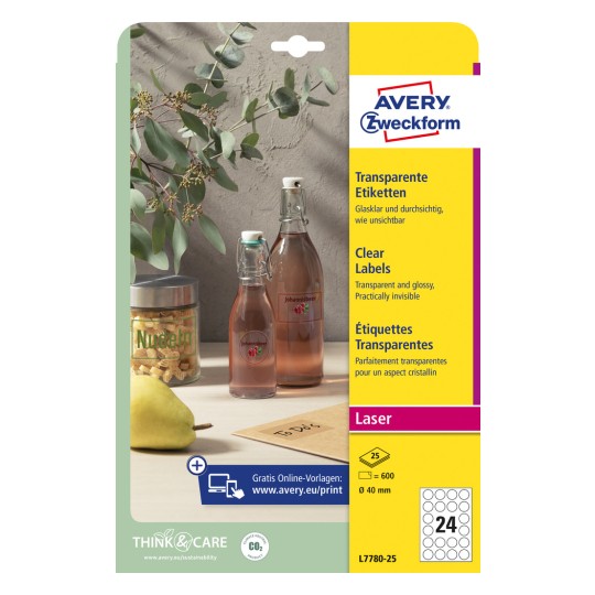 Csomagkép: Avery Zweckform Átlátszó Címkék, Cikkszám: L7780-25, Méret: ⌀ 40 mm, Nyomtatási alkalmasság: fekete-fehér lézer, színes lézer, Tartalom: 600 címke / 25 ív, 24 címke/ív