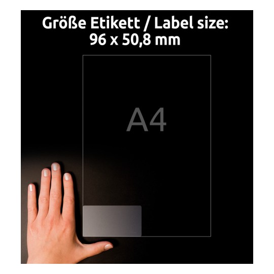 Méretösszehasonlítás kézzel, Cikkszám: L7783-25, egy ív átlátszó címke, Méret: 96 x 50,8 mm, Szín: Átlátszó
