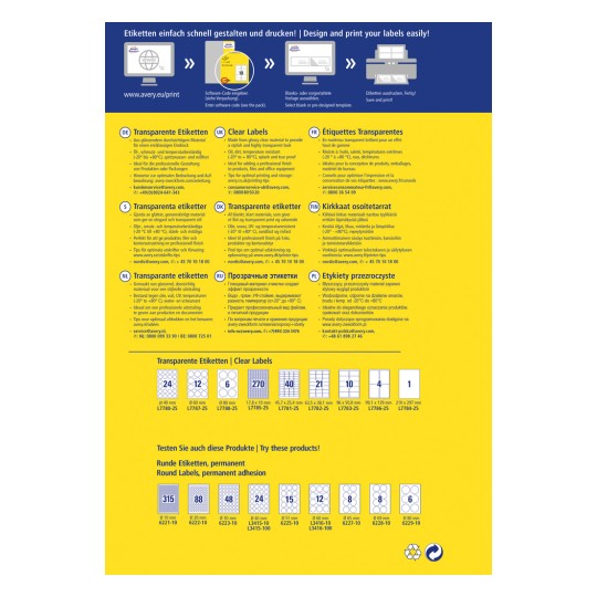 A kép egy tájékoztató brosúra az átlátszó és áttetsző címkékről, amelyek termékspecifikációkat, használati tippeket és több nyelvet tartalmaznak, beleértve a németet, angolt, franciát, hollandot, oroszt és lengyelt. Különböző címketerveket és méreteket tartalmaz.