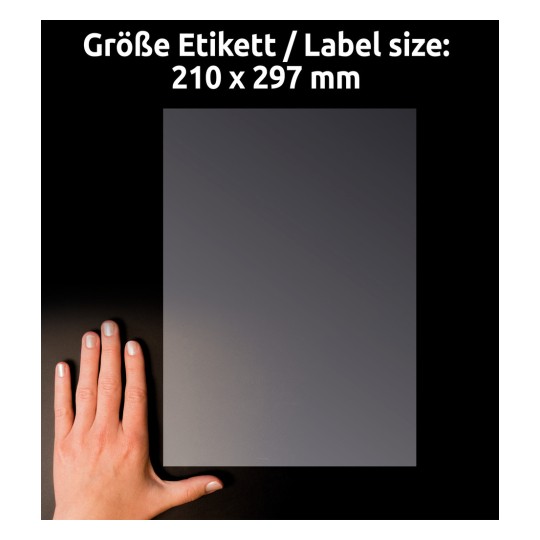 A kép egy kéz látható, amely egy szürke, téglalap alakú papírlap mellett nyugszik, amelynek méretei németül és angolul is 210 x 297 mm-re vannak megjelölve. A háttér fekete.