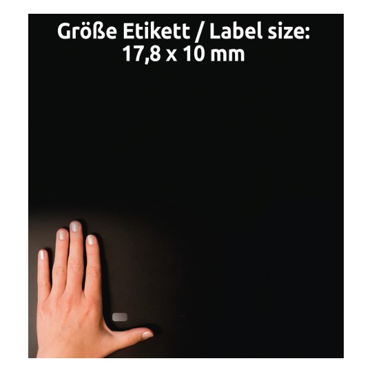 Méret-összehasonlítás kézzel, Cikkszám: L7785-25, egy ív átlátszó címke, méret: 17,8 x 10 mm, szín: átlátszó?
