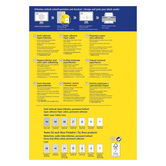 A kép részletes információkat tartalmaz az Avery különböző típusú ragasztópapírjairól. Tartalmaz címkéket különböző alkalmazásokhoz, műszaki adatokat és tippeket az optimális nyomtatáshoz és tároláshoz. A szöveg több nyelven van bemutatva, kiemelve a tartósságot és a használhatóságot.
