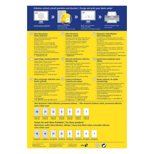 A képen egy többnyelvű hirdetés látható ultra-rezisztens kültéri címkékről, amely részletezi azok tulajdonságait, felhasználási területeit, és termék specifikációit, valamint megadja a kapcsolattartási információkat.