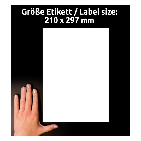 A kép egy kéz mellett egy üres papírlapot ábrázol, amelynek mérete 210 x 297 mm, mind németül, mind angolul jelölve.