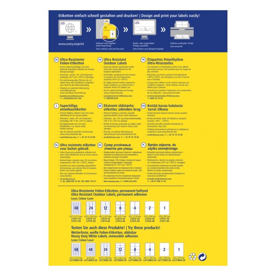A kép egy Avery ultra-ellenálló kültéri címkéiről szóló reklám vagy információs grafika, amely bemutatja a jellemzőket, utasításokat és a nyomtatható különböző címkeméreteket. Többnyelvű leírásokat és elérhetőségi információkat tartalmaz.