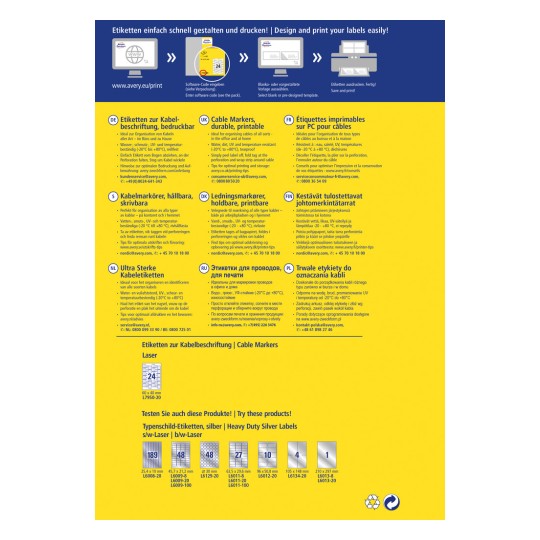 A kép különböző típusú kábeljelölőkről és címkékről tartalmaz információkat. Több nyelven szerepelnek termékleírások, kiemelve azok tartósságát, hőállóságát és a kábelek különböző környezetekben való rendszerezésére vonatkozó használati tippeket. Van egy rész is, amely bemutatja a rendeléshez szükséges konkrét címkeméreteket és kódokat.