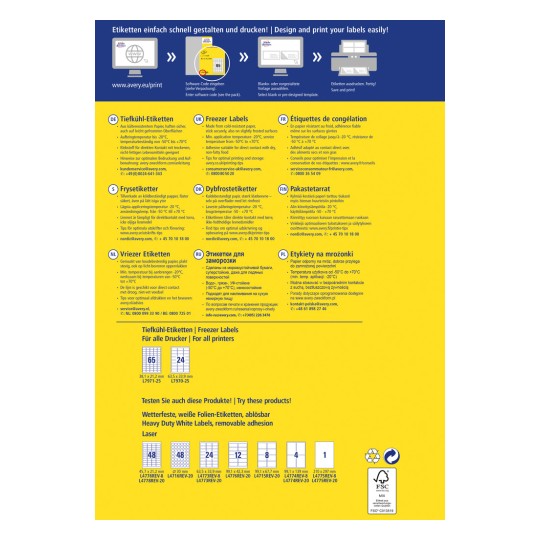 A kép Avery fagyasztó címkéinek promóciós szórólapja, amely a jellemzőket, specifikációkat és különböző országok nyelveit részletezi. Tartalmazza a tervezésre és nyomtatásra vonatkozó utasításokat, elérhetőségi információkat és a termék méreteit.