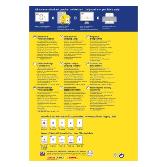 A kép egy többnyelvű útmutatót jelenít meg az Avery időjárásálló szállítási címkéihez, részletezve a specifikációkat, a kompatibilitást és a nyomtatási lehetőségeket. Több nyelven tartalmaz formátumokat és tippeket a használathoz.