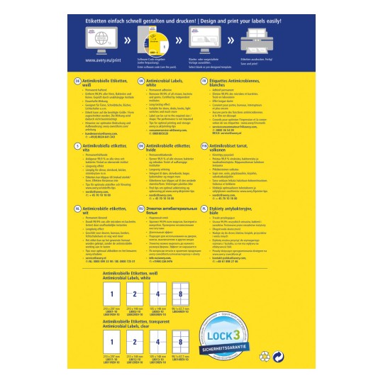 A kép egy többnyelvű hirdetést mutat antimikrobiális címkékről, kiemelve a tervezéshez és nyomtatáshoz elérhető különböző jellemzőket, utasításokat és méreteket. Tartalmaz szakaszokat különböző nyelveken, például németül, franciául, hollandul és lengyelül, amely információt ad a vírusok és baktériumok elleni hatékonyságról, valamint használati tippeket.
