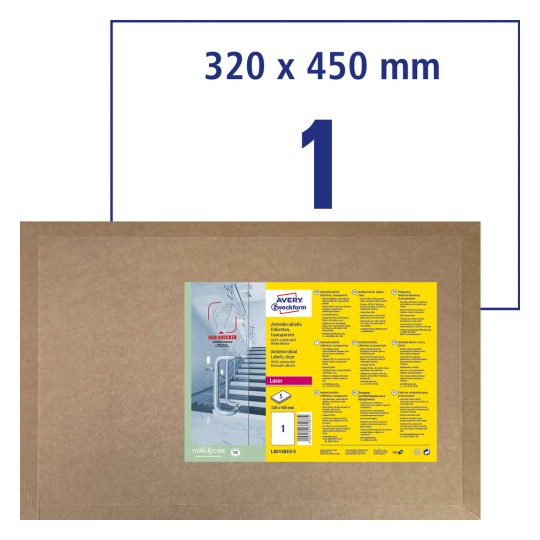 Csomagolási kép címkék ívével: Avery Zweckform antimikrobiális címkék, eltávolítható, átlátszó, cikk: L8015REV-5, méret: 320 x 450 mm, nyomtatási alkalmasság: fekete/fehér lézer, színes lézer, tartalom: 5 címke / 5 ív, 1 címke/ív.