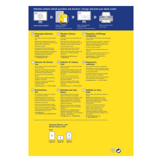 A kép címketervezési és -nyomtatási útmutató, amely utasításokat, példákat és elérhetőségi információkat tartalmaz több nyelven. Foglalkozik az ablakmatricákkal és a hátcímkékkel, kiemelve azok használatát különböző felületeken és kommunikációkhoz.