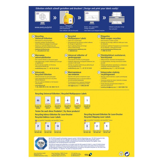 Egy információs grafika az Avery újrahasznosított címkéiről. Részletezi a különböző termékeket, tippeket ad a nyomtatáshoz, és több nyelven is tartalmaz információkat, az elrendezés pedig bemutatja a termékek méreteit és típusait.