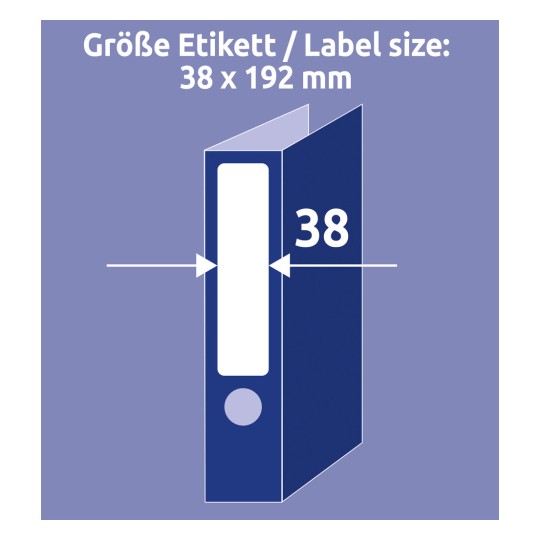 A kép egy diagramot mutat be, amely kiemeli egy iratrendező címkéjének méretét, 38 x 192 mm-es méreteket jelölve.