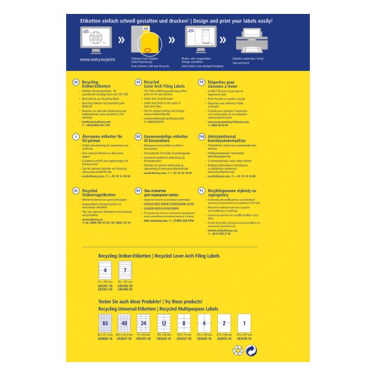 Ez a kép különféle címkéket mutat be tervezéshez és nyomtatáshoz, kiemelve az újrahasznosítási lehetőségeket és specifikációkat különböző nyelveken.
