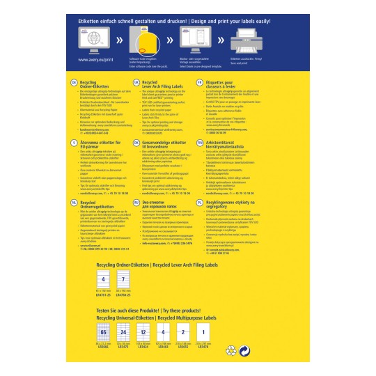 A kép az Avery újrahasznosított karos iratrendező címkéinek promóciós brosúrája. Tartalmazza a címkék leírásait, az újrahasznosított anyagok használatának előnyeit, valamint különböző nyelveket, beleértve a németet, angolt, franciát, finnt, oroszt és lengyelt. Kapcsolatfelvételi információk és útmutatás a címkék tervezéséhez és nyomtatásához is rendelkezésre állnak.