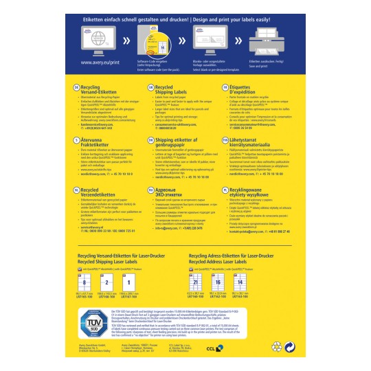 A kép információkat tartalmaz az Avery újrahasznosított címkenyomtatásáról, beleértve a jellemzőket, méreteket és tippeket a QuickPEEL technológia használatához több nyelven.