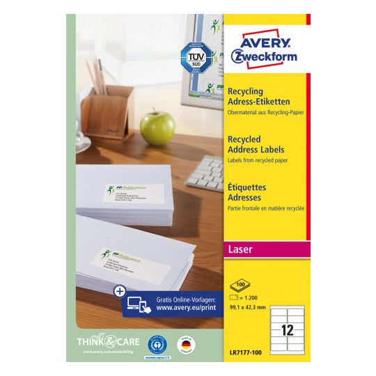 Csomagolás kép: Avery Zweckform Újrahasznosított Szállítási Címkék, Cikk: LR7177-100, Méret: 99,1 x 42,3 mm, Nyomtathatóság: fekete-fehér lézer, színes lézer, Tartalom: 1.200 címke / 100 lap, 12 címke/lap.