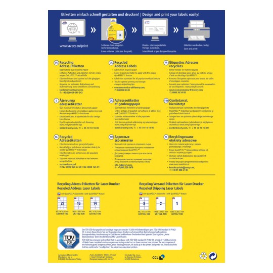A kép információkat mutat be az Avery újrahasznosított címkéiről, beleértve a tervezési és nyomtatási útmutatókat, az optimális használatra vonatkozó tippeket, valamint különböző nyelvekre való fordításokat.