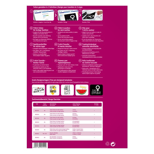 A kép útmutatót tartalmaz a pólókra való transzferek tervezéséhez és nyomtatásához, amely több nyelven ad utasításokat, valamint részletezi a különböző termékeket és azok specifikációit a textíliákhoz.