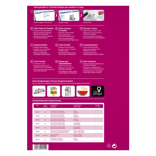 A kép információkat tartalmaz a pólótranszferek tervezéséről több nyelven. Tartalmazza a transzferek létrehozásának lépéseit, a termékleírásokat és a különböző transzferanyagok specifikációit, valamint az elérhető sablonok listáját.