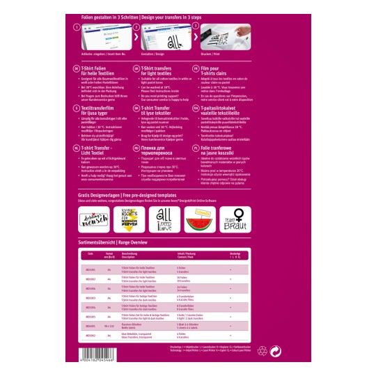 Pólótranszfer anyagok és útmutatók több nyelven részletező termékinformációs lap. Tartalmaz szakaszokat a képek világos és sötét textíliákra történő átviteléhez, valamint konkrét termékkódokat, leírásokat és csomagolási információkat.