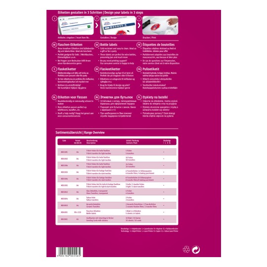 A kép címketervezési és nyomtatási lehetőségeket mutat be, beleértve a különböző típusú címkéket üvegekre és textíliákra, több nyelvű útmutatásokkal. Felsorolja a termékkódokat, formátumokat, leírásokat, tartalmat és csomagolási részleteket. A kialakítás színes és rendezett, hogy átfogó képet adjon a rendelkezésre álló termékekről.