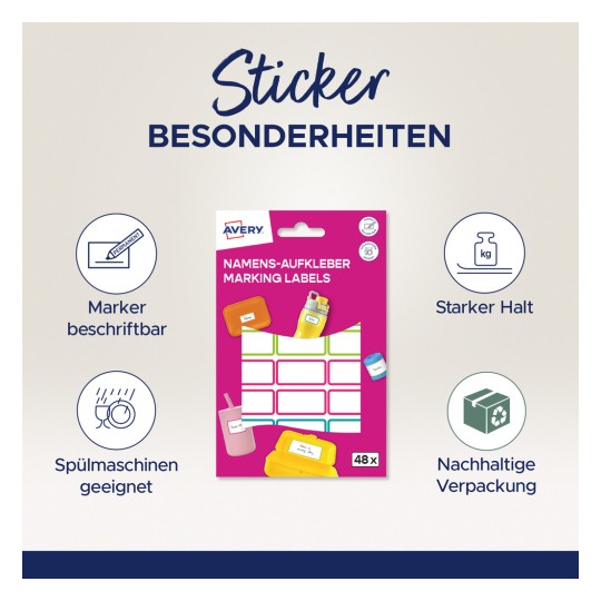 A képen egy csomag Avery jelölőcímke látható, melyek különböző jellemzőkkel bírnak, mint például filccel írhatóak, erős tapadással rendelkeznek, mosogatógépben használhatók, és környezetbarát csomagolásúak. A csomagban 48 címke található, amelyeket az ezeket az jellemzőket ábrázoló ikonok is kísérnek.