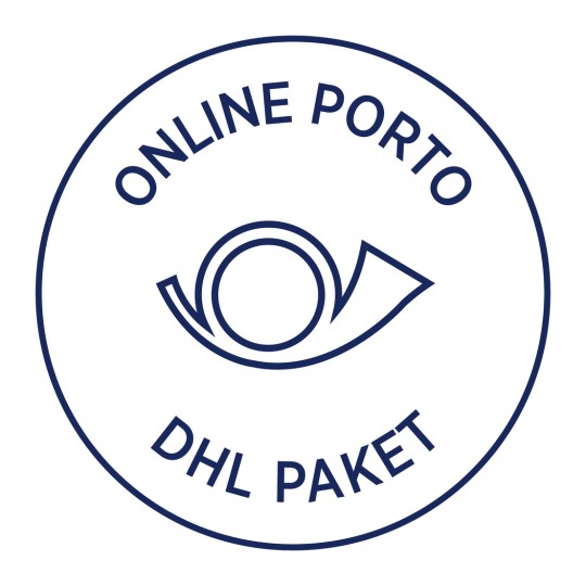 A képen egy kör alakú logó vagy bélyegző látható, amelyen felül az 'ONLINE PORTO', alul pedig a 'DHL PAKET' felirat olvasható, középen pedig egy szem alakú grafika található.