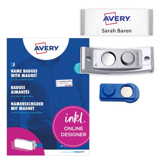 Csomagolási kép címkekívonattal: Avery Zweckform, cikk: POL20MA66-5DR, Mágneses névtáblák, Méret: 68 x 22 mm, Nyomtatási alkalmasság: Színes lézer, Lézer fekete/fehér, Inkjet, Tartalom: 5 tábla / 24 betolható címke / 1 ív, 24 kártya/ív?