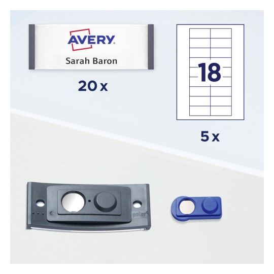 A képen Avery címkés ívek láthatók, amelyeken "Sarah Baron" felirat szerepel, és 20 címke van jelölve. Van még két címkefelhordó is: egy fekete és egy kék, valamint egy elrendezési útmutató egy 18 címkés ívhez, amely 5-ször ismétlődik.