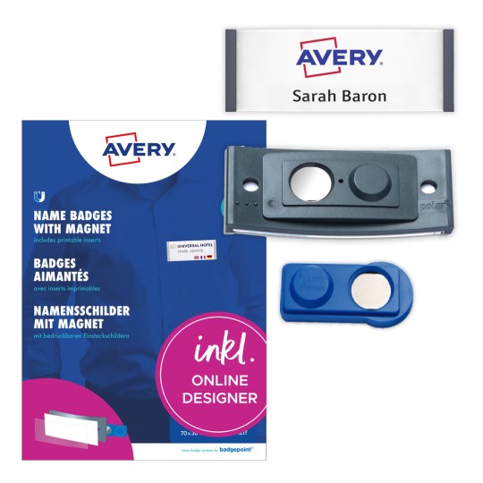 Csomagolási kép címkerettel: Avery Zweckform, Cikk: POL30MA02-5DR, mágneses névtáblák, Méret: 70 x 30 mm, Nyomtatásra alkalmas: színes lézer, fekete-fehér lézer, tintasugaras, Tartalom: 5 tábla / 18 betét tábla / 1 ív, 18 kártya/ív?