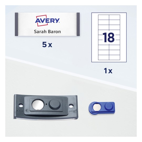 A kép egy Avery címkecsokrot ábrázol 'Sarah Baron' névvel, és tartalmaz mennyiségeket: 5 címkét és egy eszközt ezek kezelésére. Van továbbá egy diagram, amely egyéni címkekialakítást mutat be a 18-as számmal.