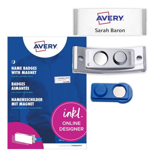 Csomagolás képe címkés lappal: Avery Zweckform, Cikkszám: POL30MA66-5DR, Mágneses névtáblák, Méret: 70 x 30 mm, Nyomtatási alkalmasság: színes lézer, fekete-fehér lézer, tintasugaras, Tartalom: 5 tábla / 18 beilleszthető tábla / 1 lap, 18 kártya/lap?