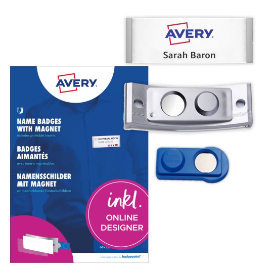 Csomagoláson lévő kép címkecsomaggal: Avery Zweckform, Cikk: POL35MA66-5DR, Mágneses névjegytáblák, Méret: 80 x 34 mm, Nyomtatási alkalmasság: Színes lézer, Fekete-fehér lézer, Tintás nyomtató, Tartalom: 5 tábla / 16 behelyezhető tábla / 1 ív, 16 kártya/ív?