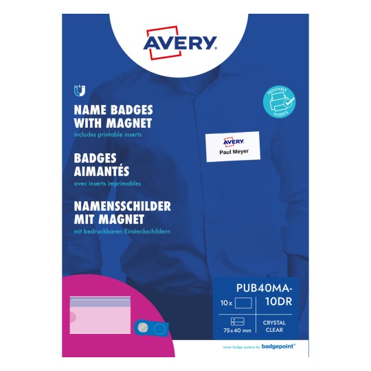Avery csomagolás, amely mágneses névtáblákat mutat egy kék ingen, egy minta névtáblával?