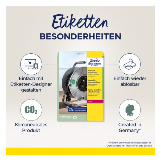 A képen egy Avery Zweckform eltávolítható ellenőrzőlemezek csomagolása látható, amely kiemeli az olyan jellemzőket, mint a könnyű tervezés az online címketervezővel, a CO2-semlegesség és a gyártása Németországban.