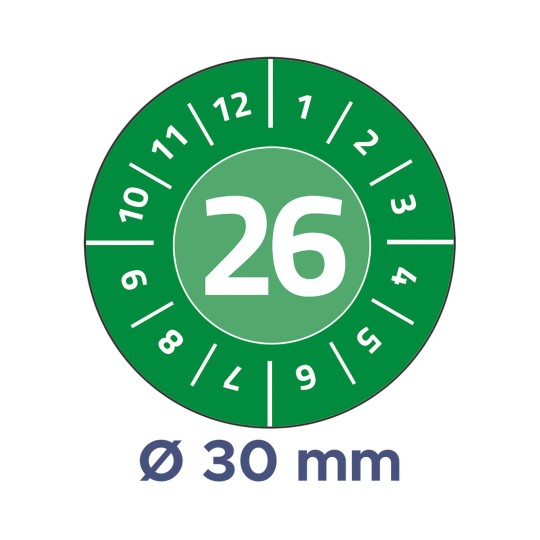 A kép egy zöld háttérrel ellátott kör alakú mérőt ábrázol. A 26-os szám kiemelten helyezkedik el a középen, körülötte 1-től 12-ig terjedő számok láthatók körkörös mintázatban. A kör alatt egy 30 mm-es átmérőt jelez.