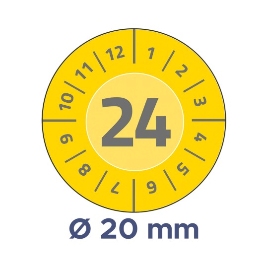 A képen egy sárga, kör alakú számlap látható, amelynek szélén az 1-től 12-ig terjedő számok vannak, és középen jól láthatóan a 24-es szám. A számlap alatt a 'Ø 20 mm' felirat található, ami az átmérőt jelzi.