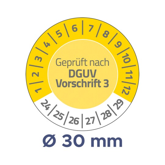 A képen egy kör alakú mérőműszer látható, amelyen számok jelölik a méréseket, és kiemelten szerepel a 'Geprüft nach DGUV Vorschrift 3' és 'Ø 30 mm'.