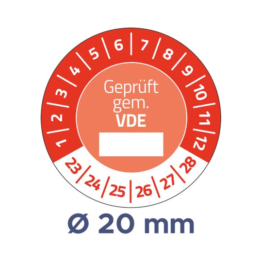 A képen egy kör alakú számlap látható számokkal és jelzésekkel, amely 20 mm átmérőjű, és a „Geprüft gem. VDE” felirat található rajta.
