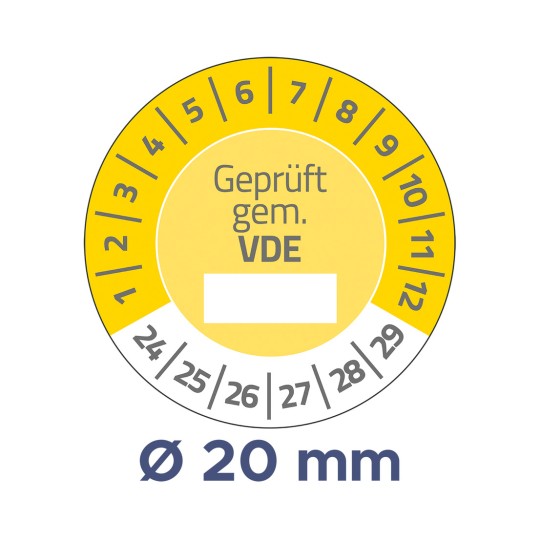 A kép egy kör alakú mérőt mutat, amelyen mérések vannak feltüntetve 1-től 29-ig, a „Geprüft gem. VDE” felirattal, valamint a specifikációk között szerepel egy 20 mm-es átmérő.