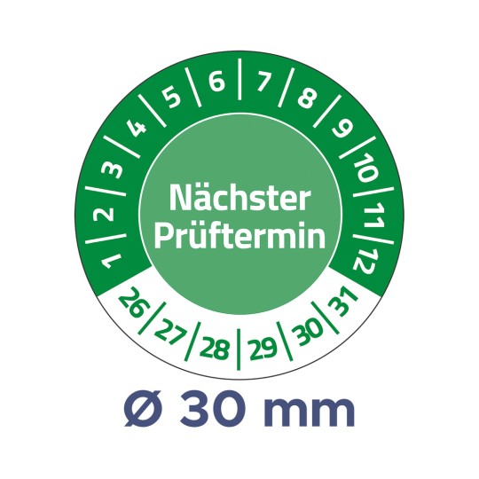 A képen egy kör alakú naptár látható, amely a következő ellenőrzési dátumot jelzi, "Nächster Prüftermin" felirattal, dátumokat jelölő számokkal körülvéve, 30 mm-es átmérővel megadva.