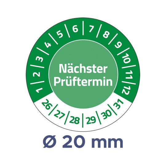 Egy kép egy kör alakú időbeosztást tartalmaz az ellenőrzési dátumokra, 'Nächster Prüftermin' felirattal, amelyen a hónap napjait jelző számok láthatók, és egy 20 mm átmérőjű mérettel vannak igazítva.