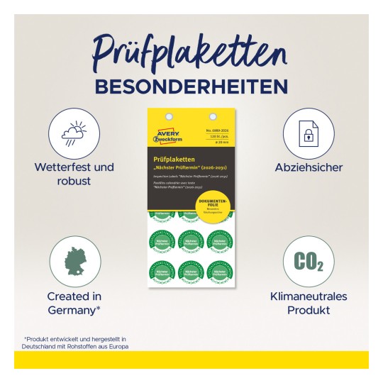 A kép tartalmaz egy termékcímkét "Prüfplaketten" néven az Avery Zweckform-tól. Jellemzői közé tartozik az időjárás-álló, Németországban készült, eltávolítható és klímasemleges. A terméket a 2026-2031 közötti ellenőrzések ütemezésére tervezték.
