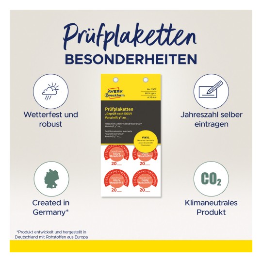 A kép olyan ellenőrzési címkéket ábrázol, amelyeket "Prüfplaketten"-nek neveznek, és kiemelik az olyan jellemzőket, mint az időjárásállóság, az önállóan beírható év, Németországban készült, és klímasemleges termék.
