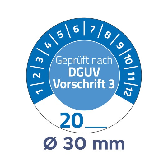 A kép egy 1-től 12-ig terjedő számozású mérőeszközt mutat. Tartalmazza a "Geprüft nach DGUV Vorschrift 3" szöveget, és 30 mm-es mérést jelez.